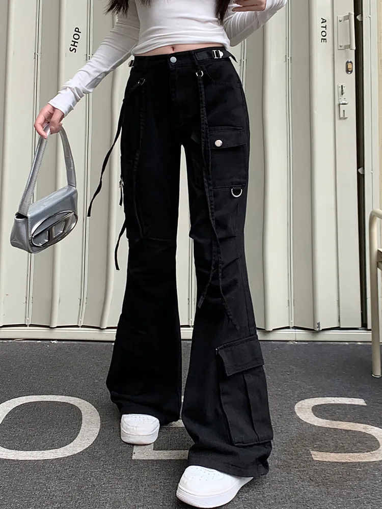 2023 Y2K Fashion Multi Pockets White Baggy Flare Cargo Jeans Pants For Women Korean Clothing Casual Lady Long Trousers Pantalons