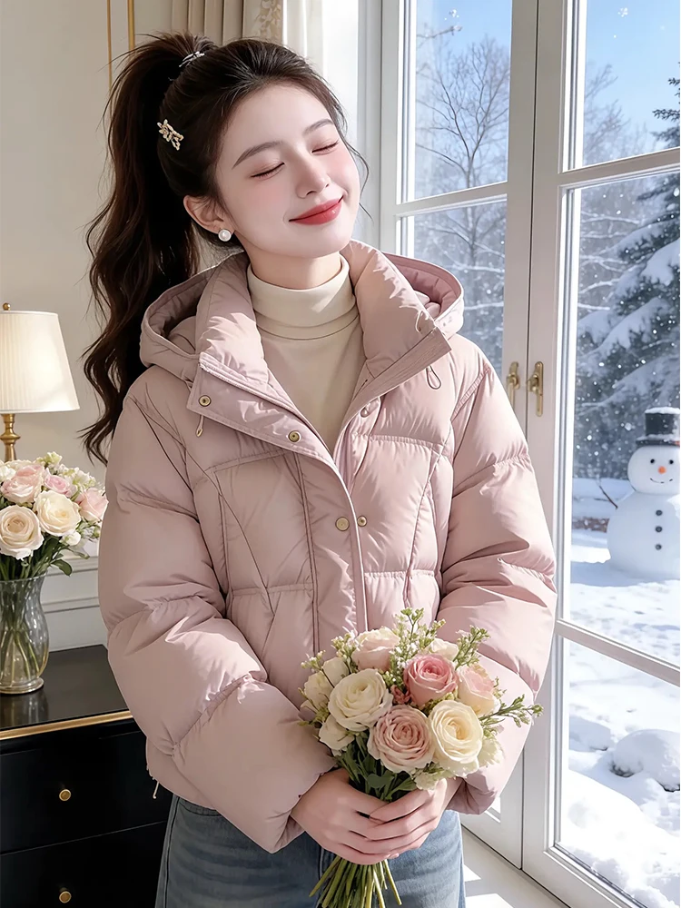 

Women's Thiened Hooded Cotton Jaet ort Pure Color Winter Faionable Versatile Zipper Closure Korean Sle Loose Fit