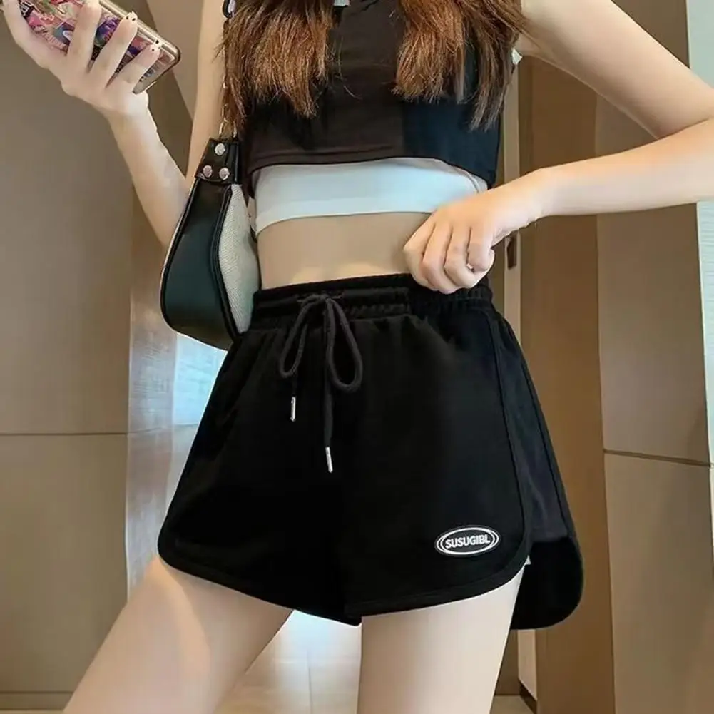 Women Summer Shorts Elastic Drawstring High Waist Shorts Pockets Solid Color Logo Print Wide Leg Short Pants Streetwear 여성용 반바지