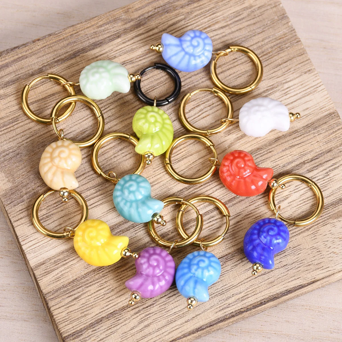 Cute Candy Color Sea Snail Charms Dangle Hoop Earrings for Women Stainless Steel Huggie Marine Organism Summer Beach Ear Jewelry