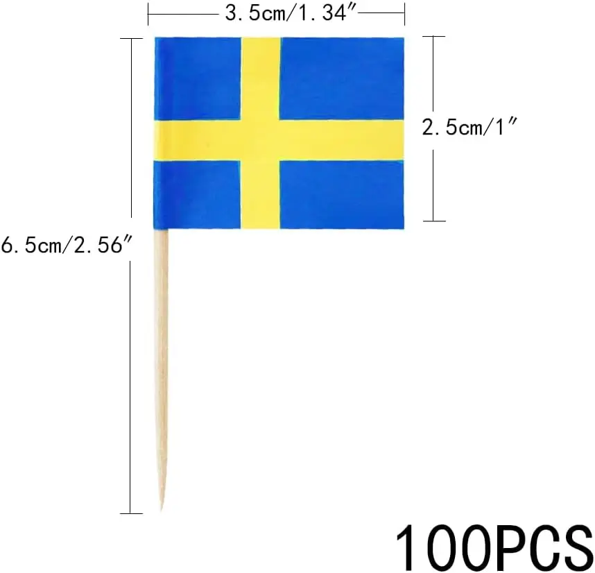 100 Pcs Sweden Flag Toothpick Cake Toppers Swedish Flag Cocktail Food Decorations Mini Stick Cupcake Toppers Picks for Party