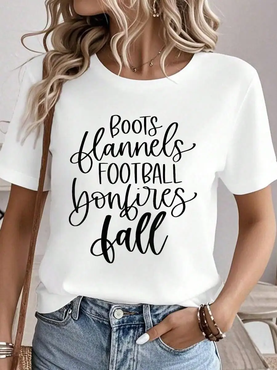 Boots Flannels Football Bonfires Fall T-Shirt Graphic Tees Women Summer Tops Round Neck T Shirt 100%Cotton Women Clothing Outfits For Women Fall