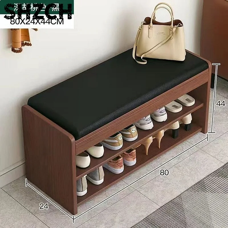 Wooden Shoe Stool with Storage 2-in-1 Bench Shoe Cabinet Organizer Shelf Chair