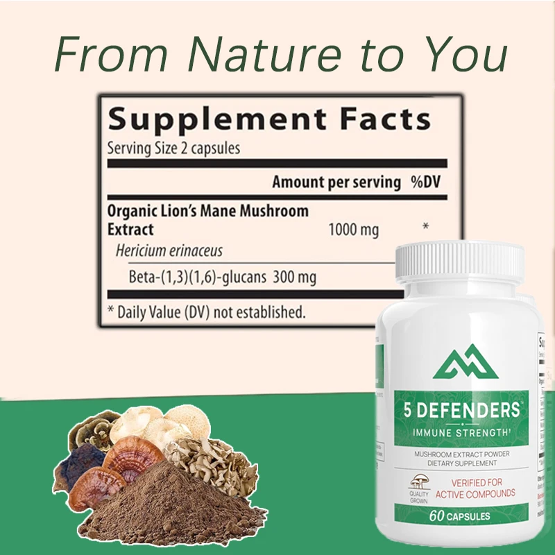 5 Defenders Capsules - Contains shiitake mushrooms, shiitake mushrooms, turkey tails, etc. for focusing and immune support