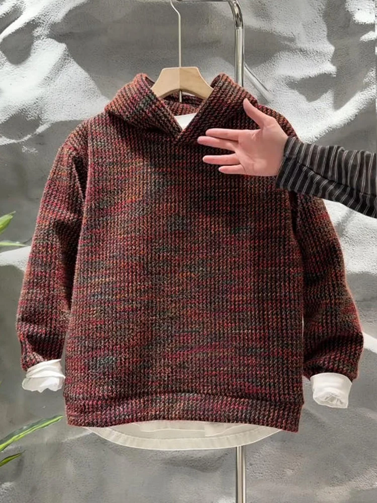 

Winter Thiened Knitted Fce Hoodie Men's Faionable Versatile Warm Casual Top Street Sle Loose Fit Long Sve Sweatirt