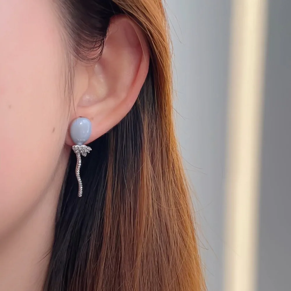 Creative Fashion 925 Sterling Silver Shining Brightly Full of Zircon Haze Blue Balloon Dangle Earrings for Women Korean Jewelry