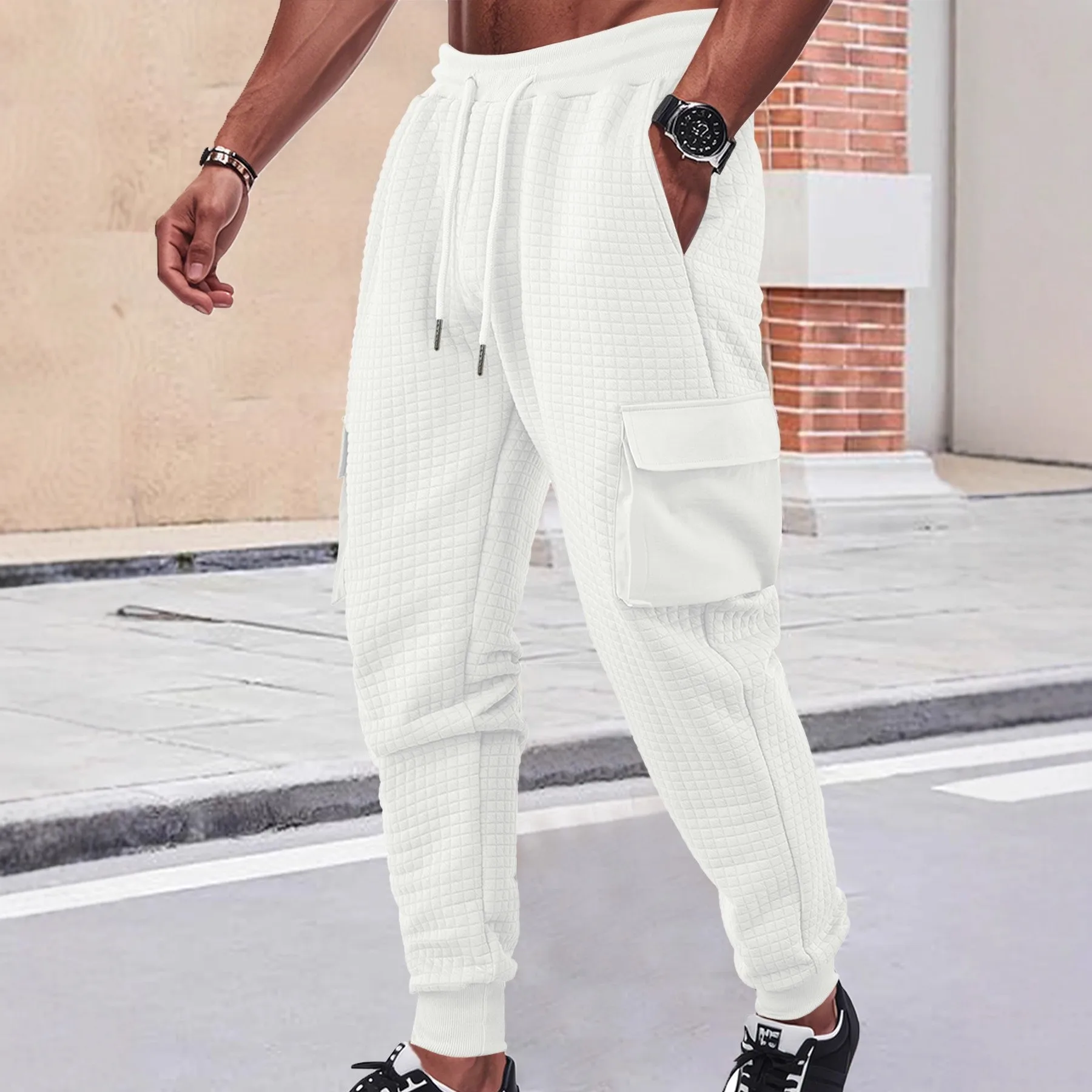 Men Cargo Pants Tactical Loose Fit Work Pants Thick Mid Rise Utility Pants Beige Square Grid Cargo Trousers Black Grey For Man