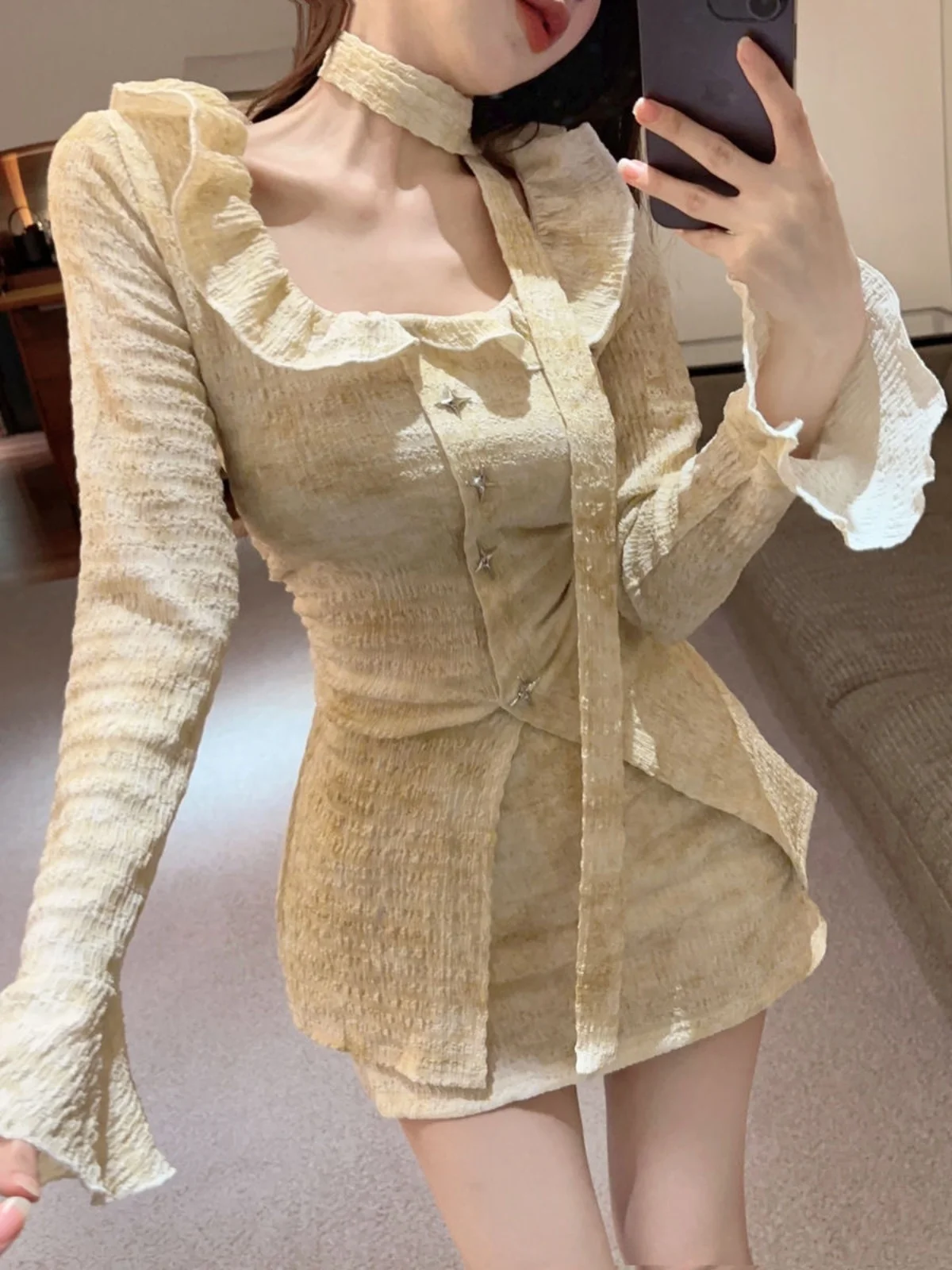 

Faionable Slim Fit Bell Sve Women's Set for Early Autumn 2024 Sexy Chic Zipper Closure Polyester Long Sve Outfit