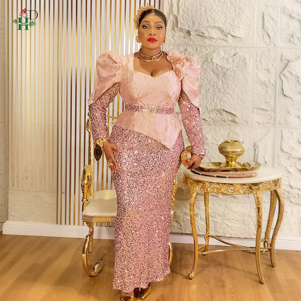 

African Women's Plus Size Sequin Dress Square Neck Puffy Shoulder Gown Long Sleeves Waist Belt For Weddings Party Christmas