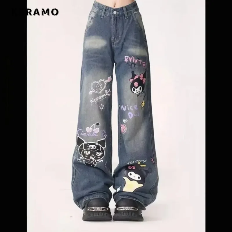 Vintage Graffiti Cartoon Jeans Women's Summer 2025 New Style High-waisted Slimming Loose-fit Wide-leg Straight-leg Pants