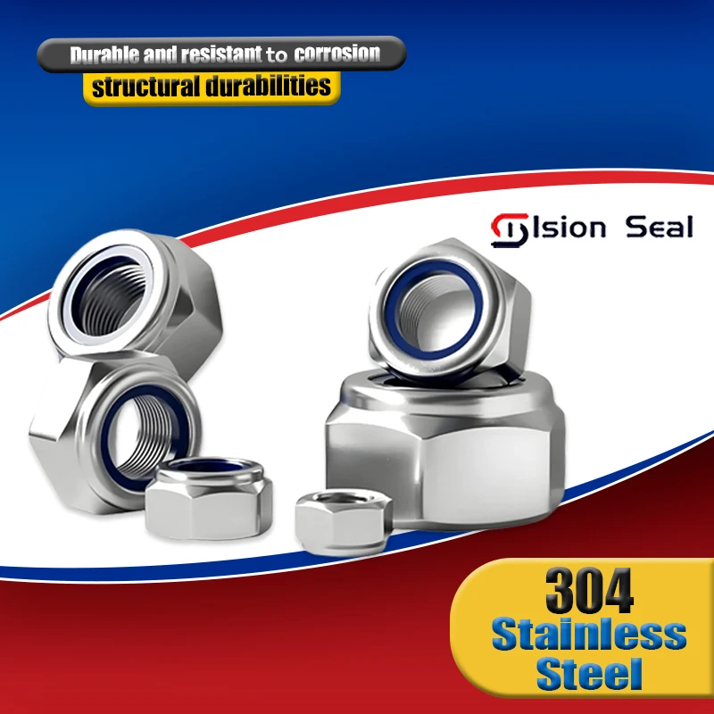 304 Stainless Steel Hex Nylon Lock Nuts M2 M2.5 M3 M4 M5 M6 M8 M10 M12 M14 M16 M20 Hexagon Hex Self-locking Nylock Nut Locknuts.