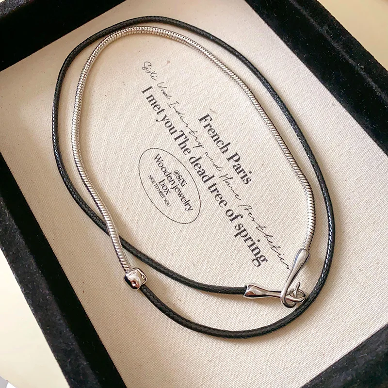 

Punk Leather Cord Splicing, Irregular Layered Design, Cool Girl Style Genuine Black Leather Cord & Snake Chain Necklace for Wome