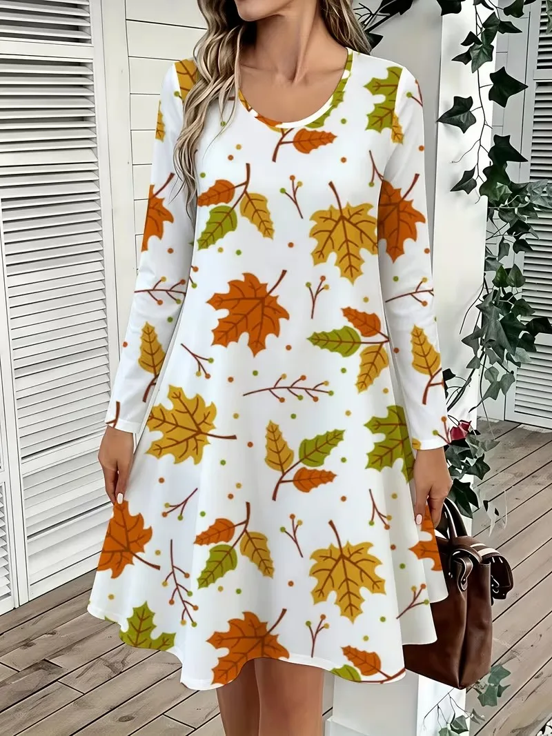 Maple Leaves Print Dress Women 2026 New Christmas Party 3D Print Dress Fashion Long Sleeve O-Neck Loose Casual A-Line Mini Dress
