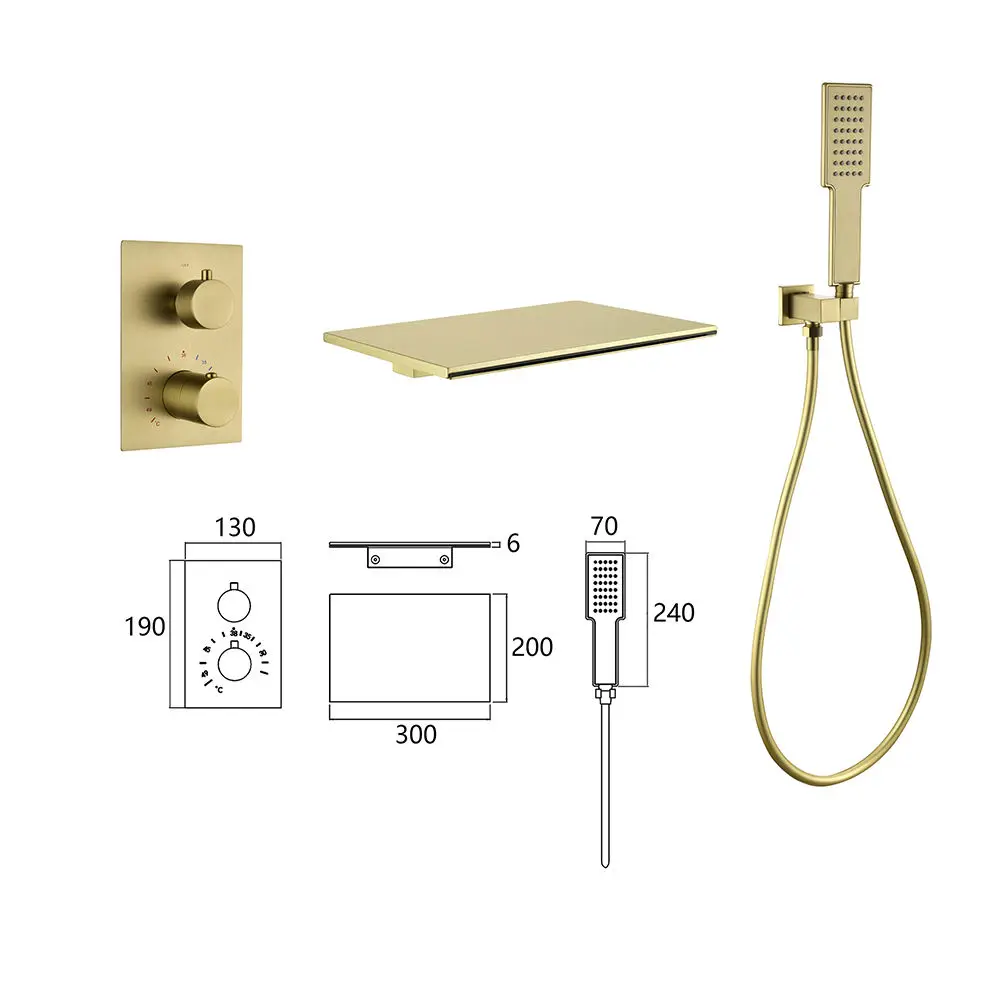 Embedded Wall-mounted Bathtub Tap, Elegant Gold Bathtub Faucet, Waterfall Flow Handheld Showerhead, Temperature Control