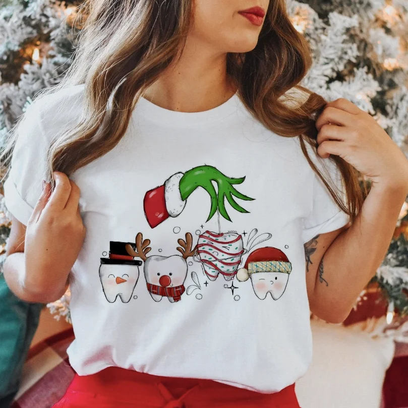 Funny Christmas Tooth Grinch Dental Fashion Pattern T-Shirt Short Sleeve Watercolor Style Top Clothing Printed Large Size T-Shir