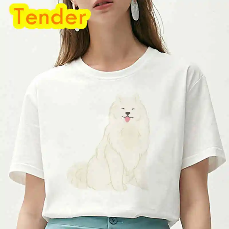 Kawaii Samojeden Hund T Shirt O Neck Frauen Sommer Kurzarm T-shirt Lustige Tier Hunde T-shirt Weibliche Harajuku Frau kleidung