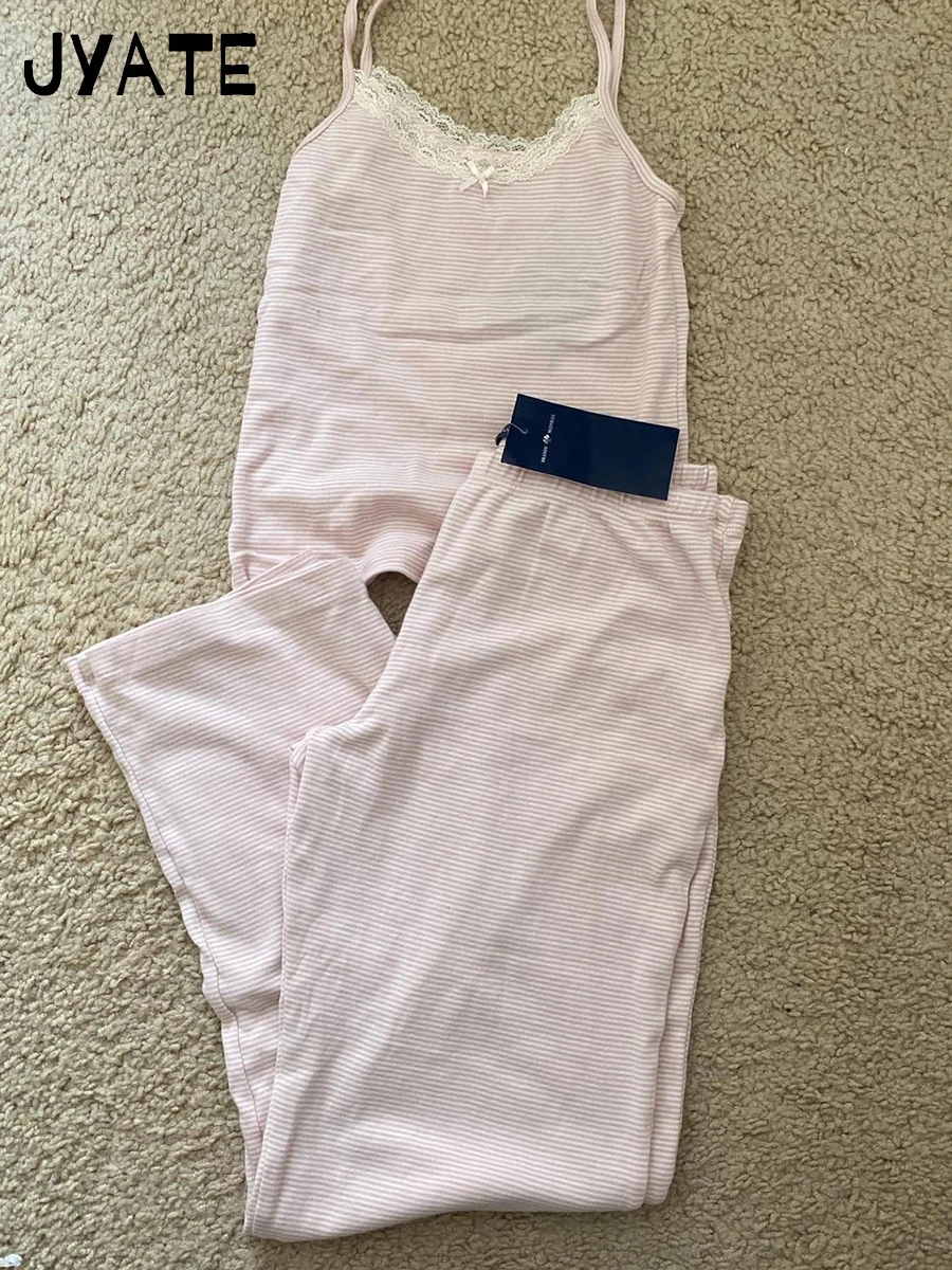 

Pink Striped Vests Pants 2 Pieces Set Women New Cotton Soft Lace Bow Trim Slim Pajama Sets Sweet Cute Tank Tops+Long Pant Y2K