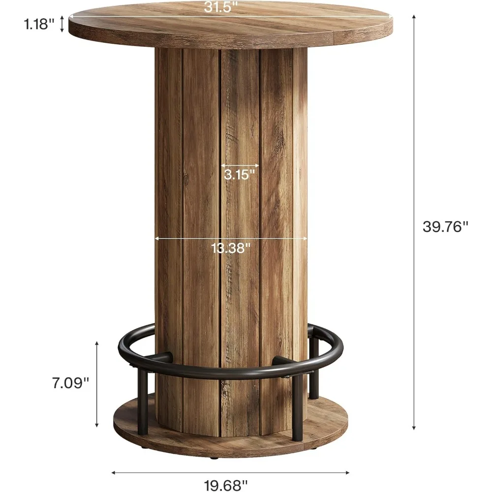 Mesa de bar redonda, mesa de pub de bistró de madera de 39,4 pulgadas de alto con reposapiés de anillo de metal para comedor, café, cóctel, sala de estar, espacio pequeño, Br