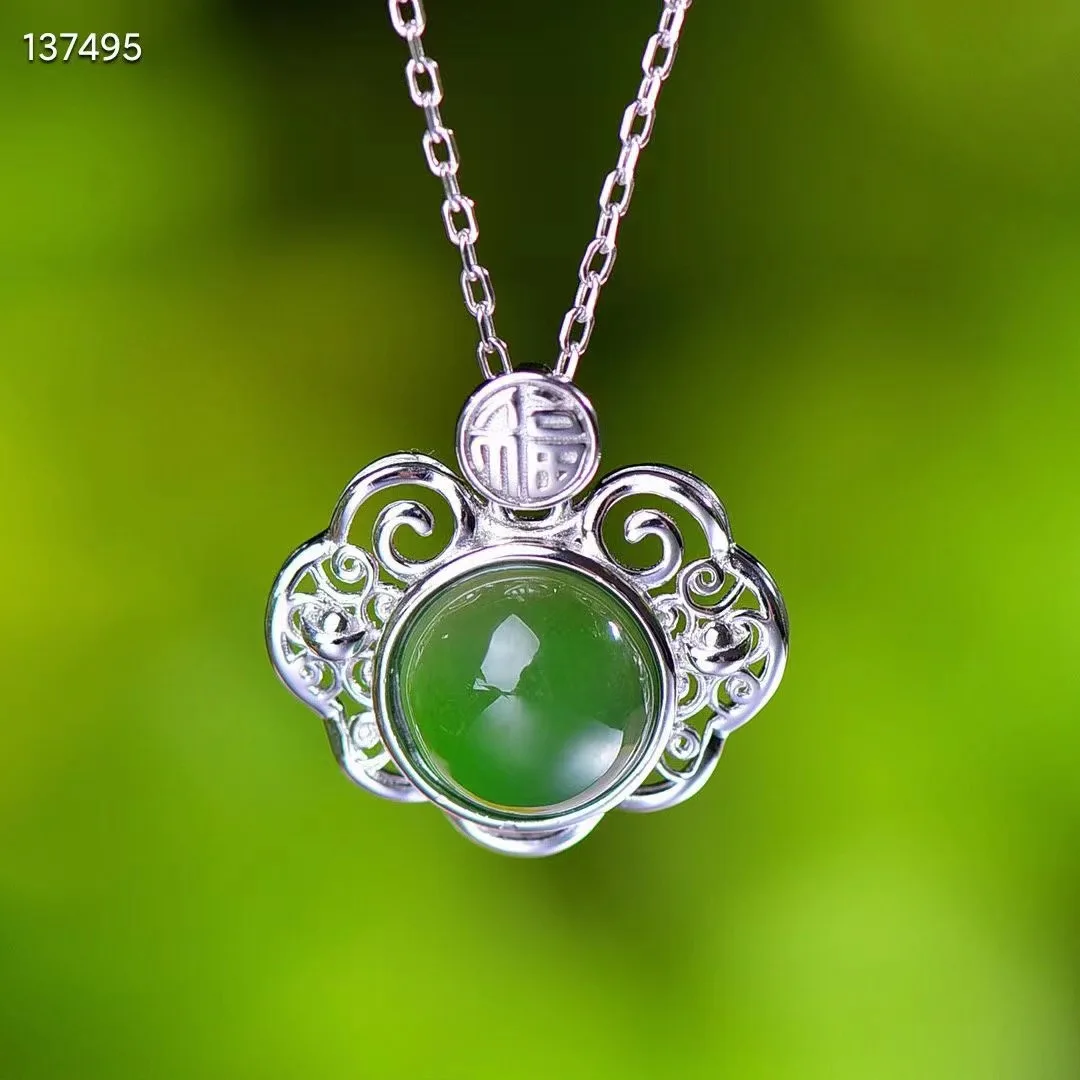 

Natural 100% real Sterling Silver good fortune necklace mosaic green hetian jade pendant jewellery for woman gifts Bless peace