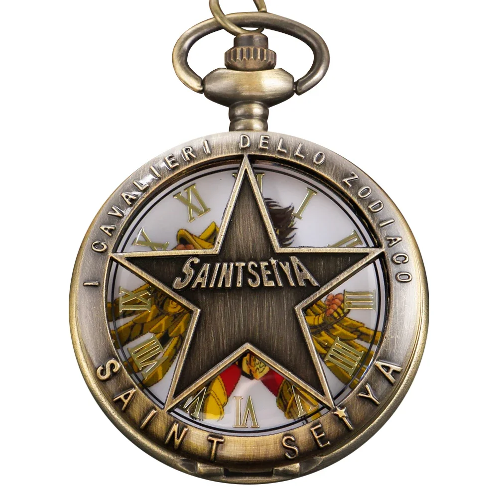 Classic Anime Golden Constellation Warrior Athena Time Gem Quartz Pocket Watch Necklace Pendant Men's and Women's Watch Gifts