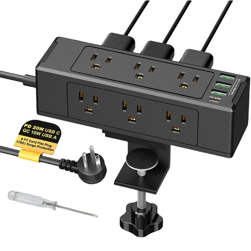 Desk Edges Mount Power Strips with 6 Outlets & 4 Fast Charging USB Port Tabletop Surges Protector Desk Clamps Power Socket