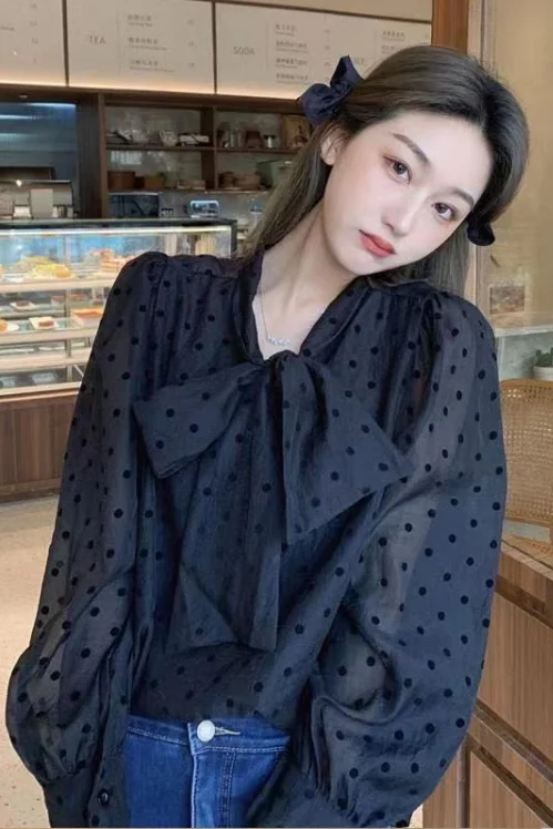 

Polka Dot Shirt for Women French Gentle Style Spring 2025 New Bow Tie Puff Sleeve Temperament Long Sleeve Top