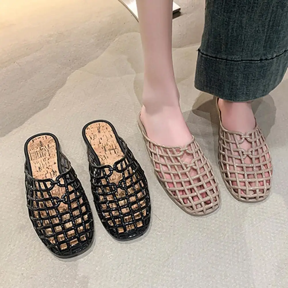 تصميم شبكة هلام أحذية جوفاء جولة تو أحذية الشاطئ مريح موضة الصنادل الشفافة المرأة الصيف جديد نسج أحذية جيلي مسطحة