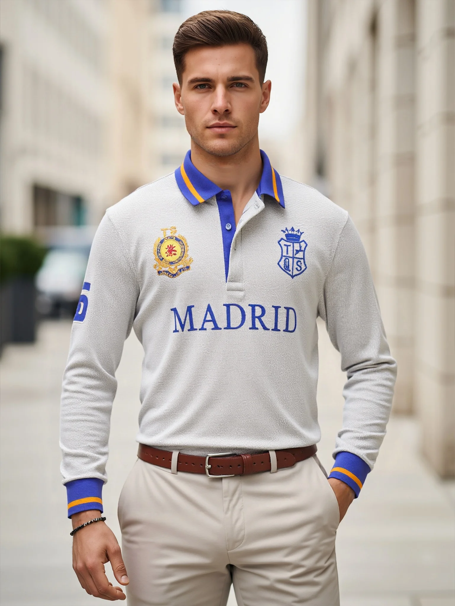 Men\'s polo shirt Madrid long sleeve casual high-end cotton embroidery luxury stitching contrast color original design