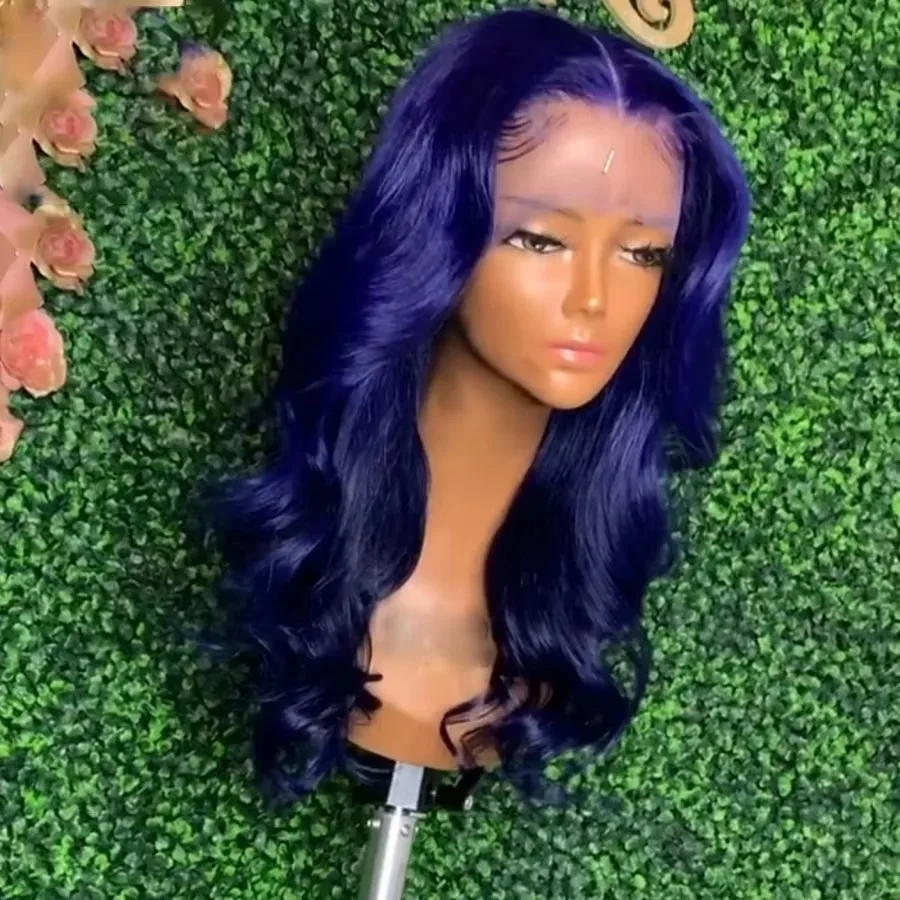 Dark Blue 13x4 Hd Synthetic Lace Front Wigs Glueless Preplucked Natural Hairline Medium Part Lace Wig For Women Party Cosplay