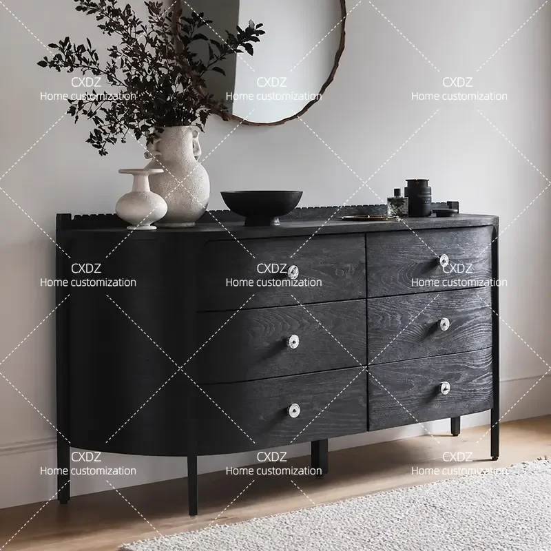 Retro Solid Wood Porch Cabinet Post Modern Simple Villa Entry Black Decorative Storage Unit Light Luxury Six Drawer Console