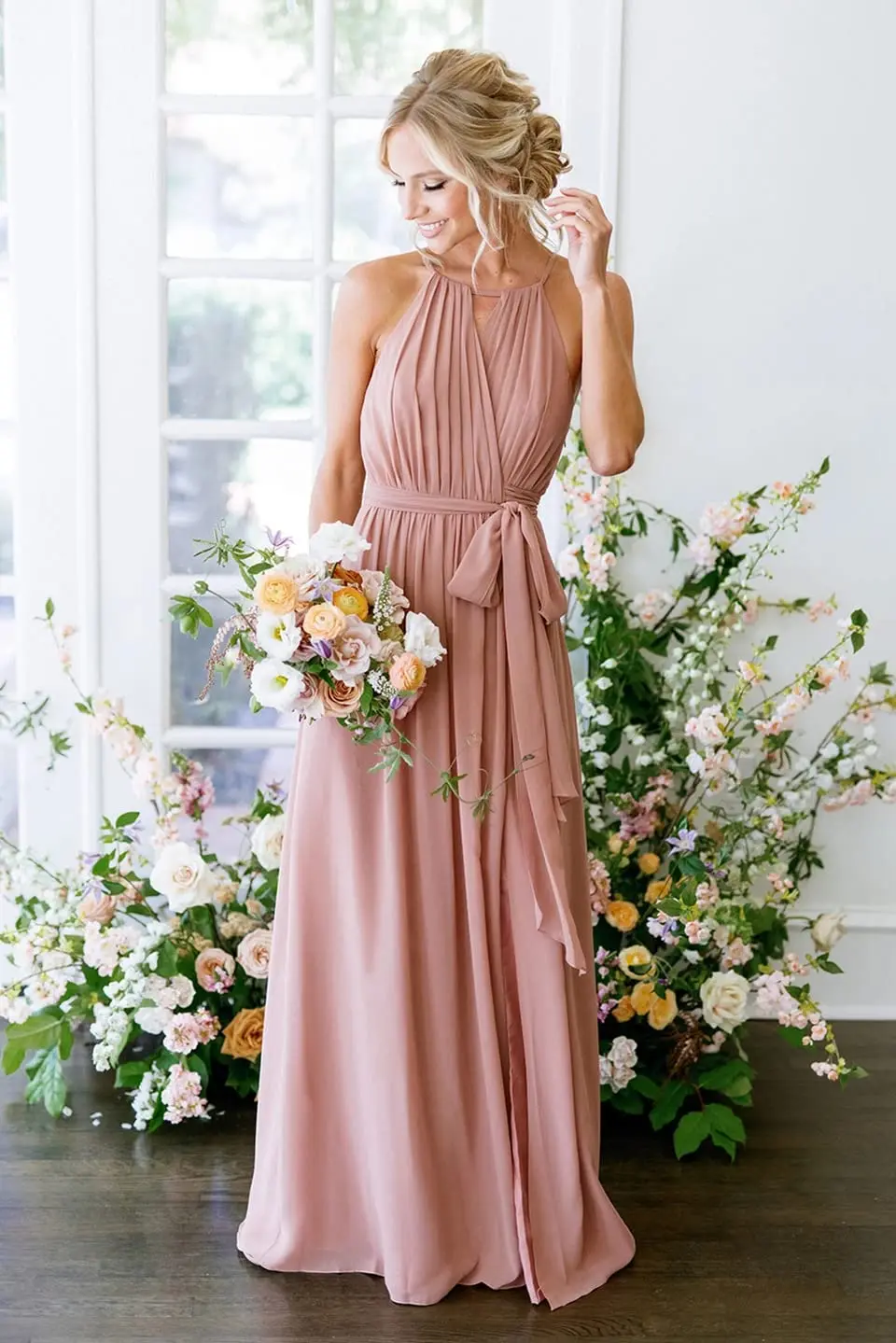 

Flowy Long Plus Size Bridesmaid Dresses with Sleeves Cold Shoulder Split Plunging Formal Party Dresses with Pockets wedding