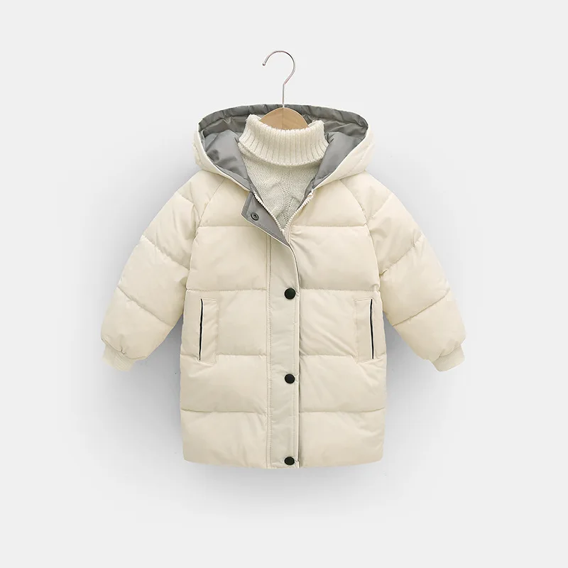 2 3 4 5 6 8 10 Jahre Mädchenjacke Winter Langer Stil Einfarbig Dick Warmhaltend Mit Kapuze Oberbekleidung Für Jungen Daunen-Baumwoll-Schneeanzug – Detail 2