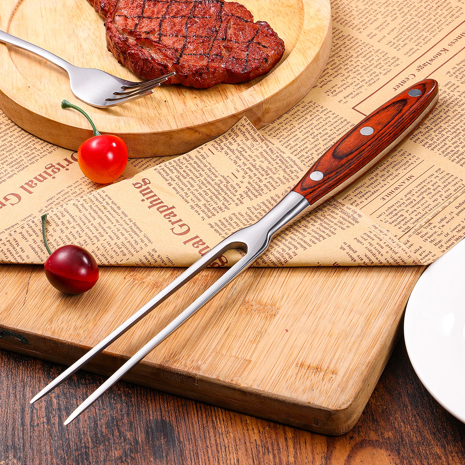 

Stainless Steel BBQ Fork 2-Prong Meat Tool 15cm Wooden Handle for Grilling Roasting Camping Kitchen Metal Fork