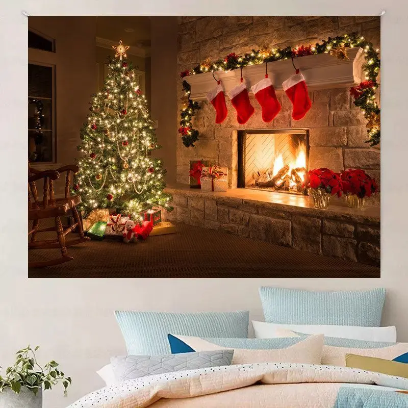 VIKAMA Wall Tapestry Christmas Fireplace Tree Interior Socks Gifts Warm Wall Hanging Dorm Room Aesthetic Xmas Wall Art Festive