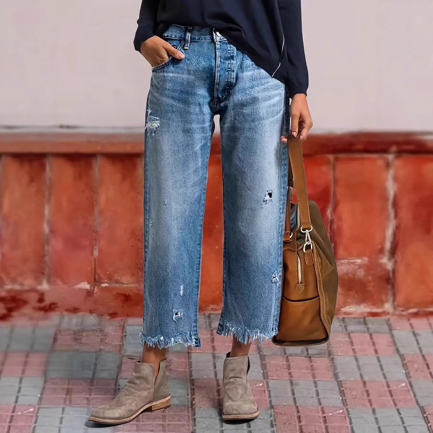 Women's jeans 2026 new European and American style women's perforated straight tube non elastic versatile jeans