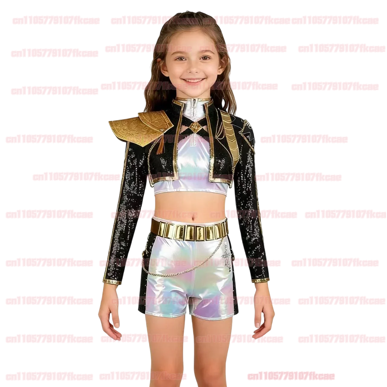 Kinder K-POP Dämon Jäger Cosplay Rumi Zoey Mira Schwarz Bühne Uniform Halloween Kostüme Frauen Top Rock Jacke Kopfbedeckung Perücke