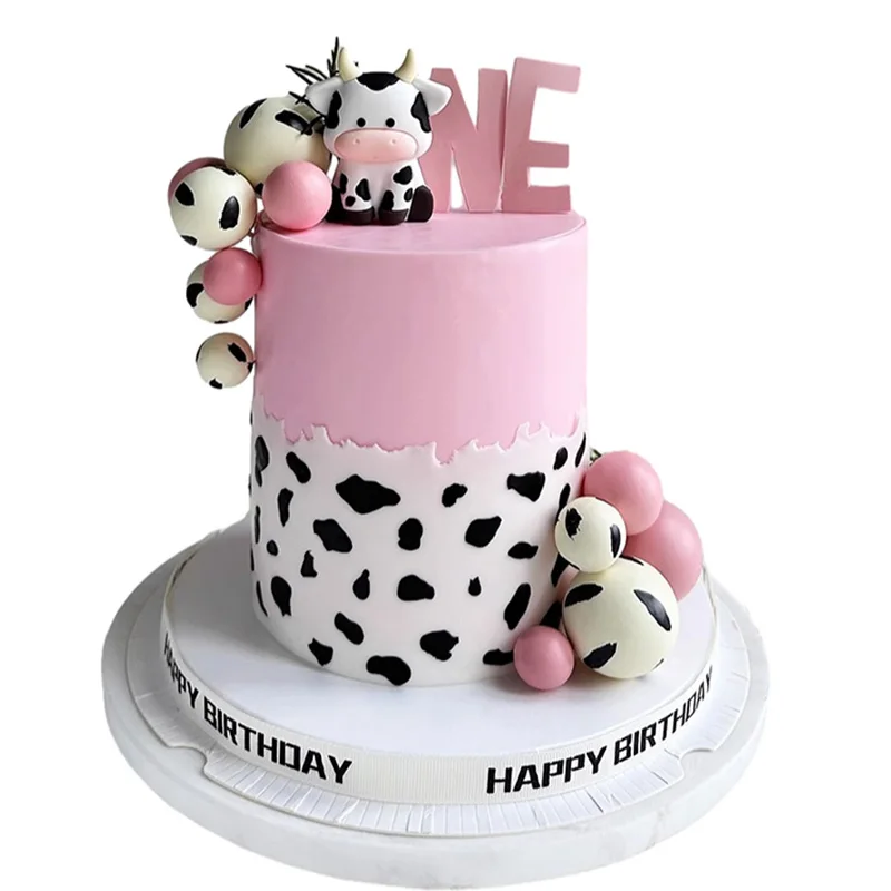 Baby Cow Cake Toppers Farm Animal Cow Theme Party Foam Balls Cake Decorations Kids 1st Happy Birthday Boy Girl Baby Shower Decor