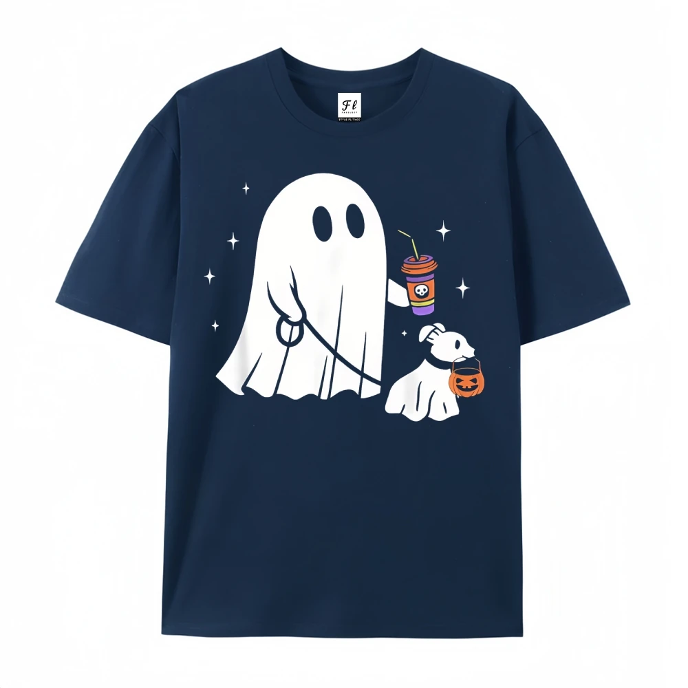 T-shirts graphiques imprimés fantôme et chien Halloween, en coton doux et respirant pour femmes, à la mode, col rond, manches courtes, haut décontracté, été