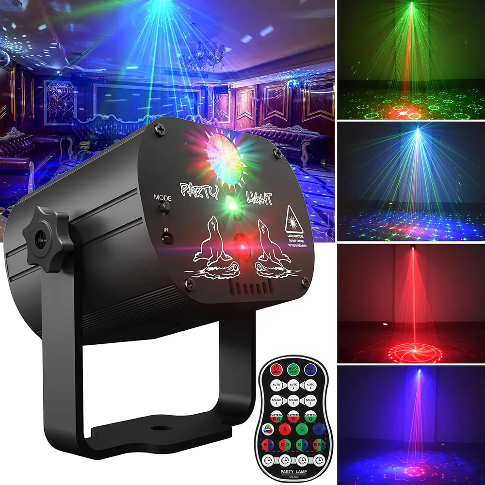 Lampu sorot Laser Mini DJ 60 pola, lampu pencahayaan panggung pesta efek suara USB untuk lantai dansa rumah