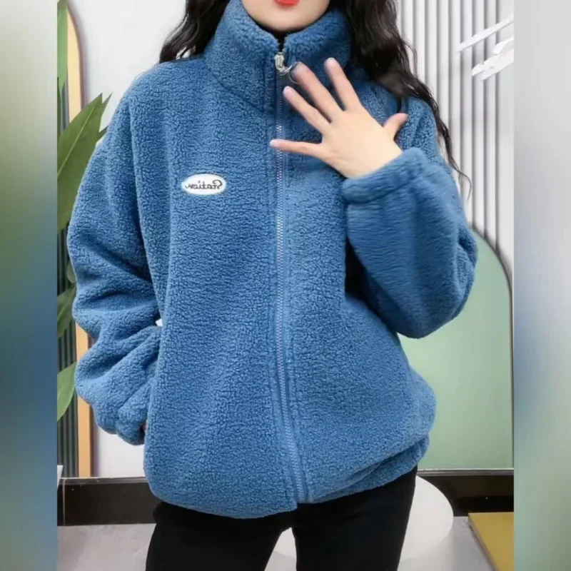 

Women Thickened Fleece Winter Jacket High Collar Warm Cotton Polyester Coat Loose Slimming Top with Full Sleeve Aging Design