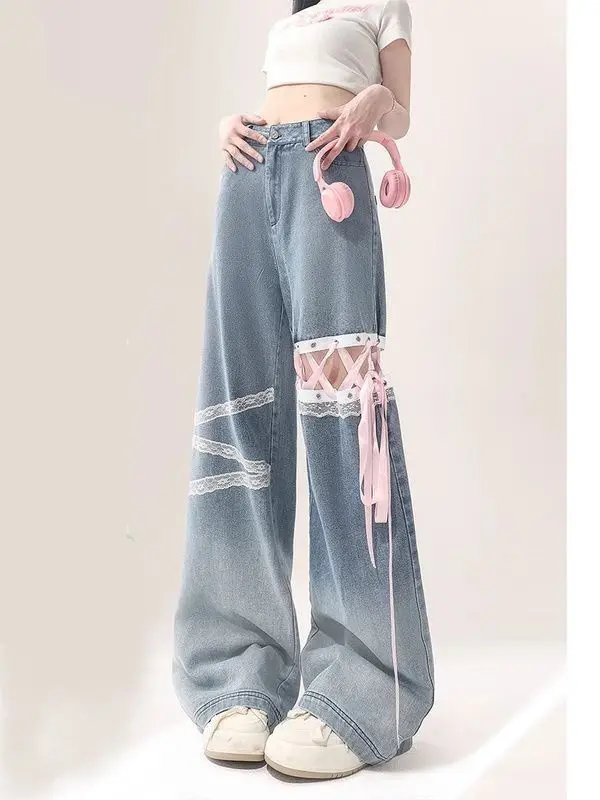 Lace Cut-off Denim Jeans for Women, Gradient Summer Thin High-waisted Strap Straight Wide-leg Pants