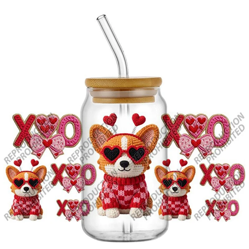 Cute Cartoon Dog Love Theme Decal UV DTF Cup Wrap for 16oz 20oz Libbey DIY Cartoon Washable Transfers Sticker