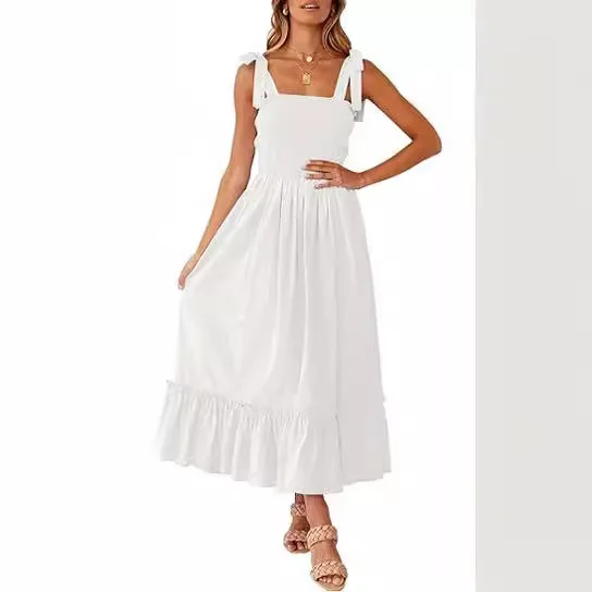 Vestido largo de verano para mujer, traje bohemio con tirantes finos y cuello cuadrado, Color liso con volantes, 2024