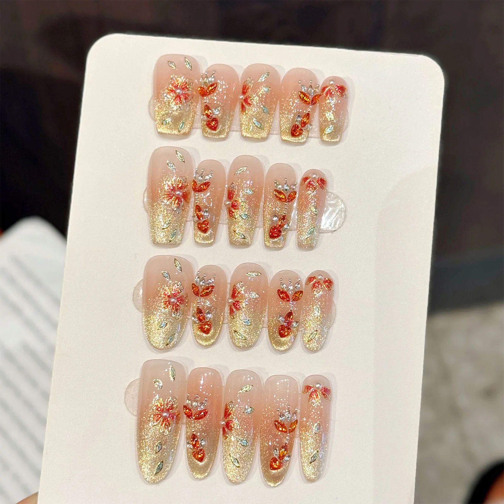 

10 шт. блестящих золотых накладных ногтей ручной работы с эффектом кошачьего глаза, искусственные ногти для вечеринок и свадеб, съемные, приклеиваются.