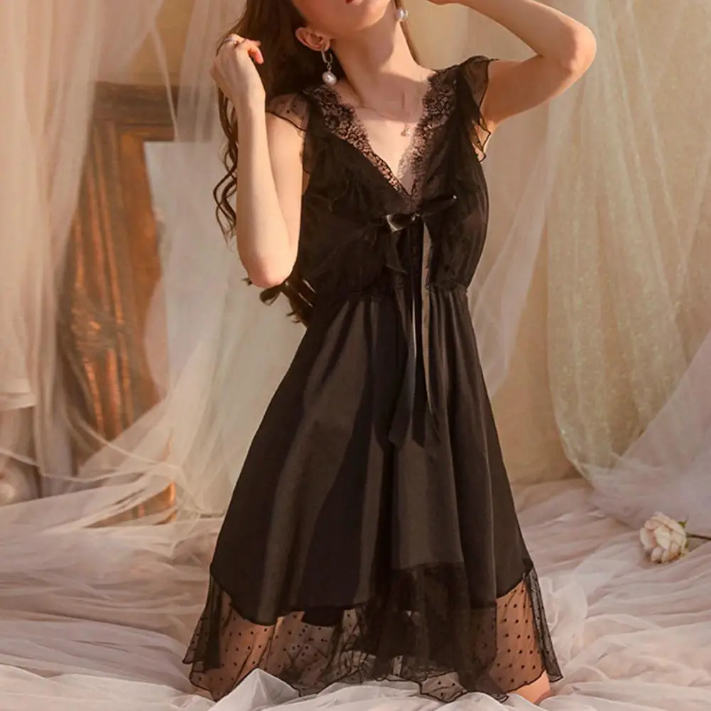 Women Satin Nightgown Suspender Nightgown Elegant V Neck Lace Ruffle Nightgown with Double-layered Bow-decor Mesh for Women