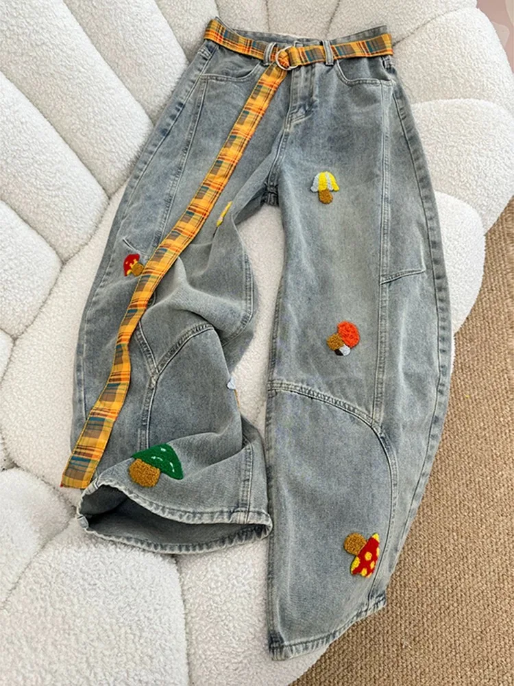 

American Sle Embroidered Cartoon Men's Jeans Loose Straight Wide Leg Pants Trendy Brand Waed l Waist Denim Jeans