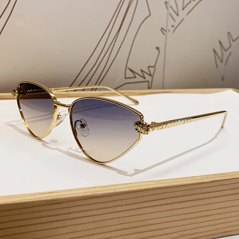 Rahmenlose Sonnenbrille mit Schnittkante für Damen mit Leopardenkopf und Katzenaugen, Metallrahmen-Design, Modische Sonnenbrille – Detail 5