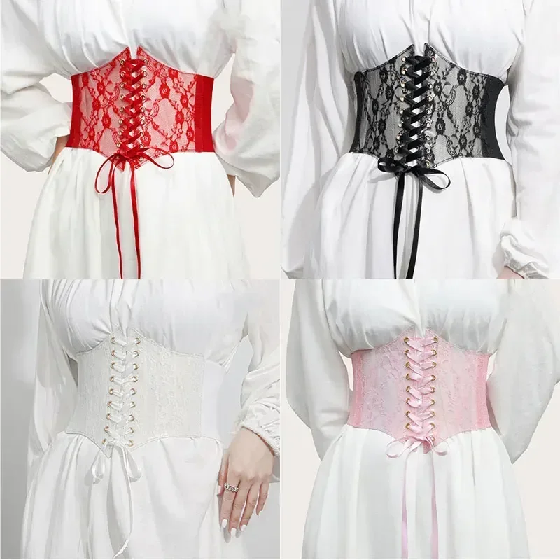 Fashion Women Cummerbunds Flower Embroidery Elastic Waistband Black White Red Pink Wide Lace Slimming Body Elasticity Waist Belt