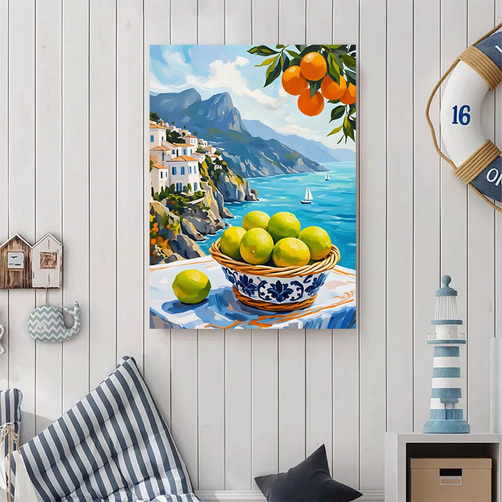 1PC-Canvas poster Unframed  Mediterranean Coast Landscape With Citrus Fruits And Sea View  summer