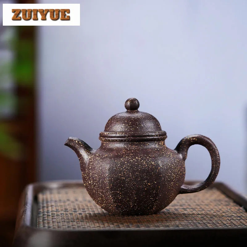 

300ml Yixing Purple Clay Teapot Handmade Hexagonal Pot Raw Ore Coarse Sand15 Mesh Purple Jade Gold Sand Kettle Infuser Zisha Tea